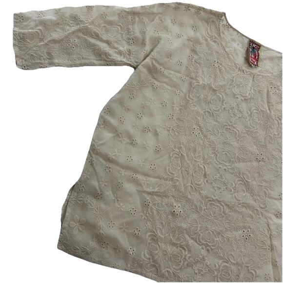 Johnny Was Embroidered Blouse Top Womens Small Beige Boxy Boho Cottagecore - Picture 4 of 14